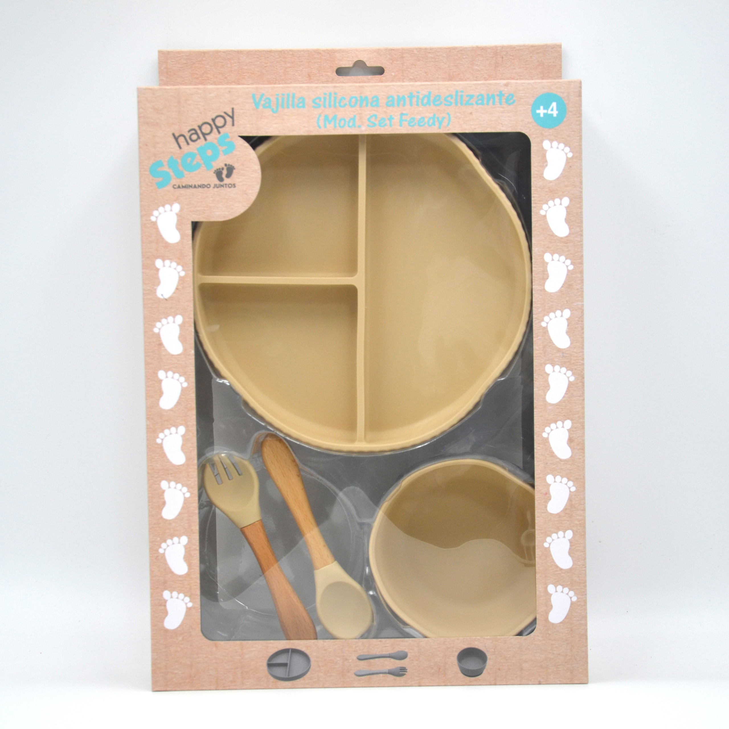 Set de cuchara, tenedor y plato Feedy Beige